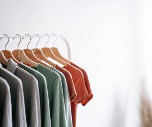 Home interior with garments on racks